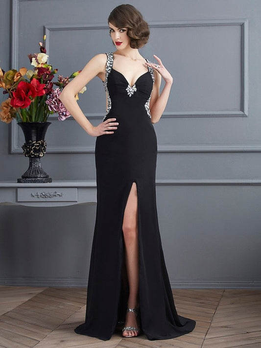 Column sexy shoulder strap sleeveless beaded long chiffon dress
