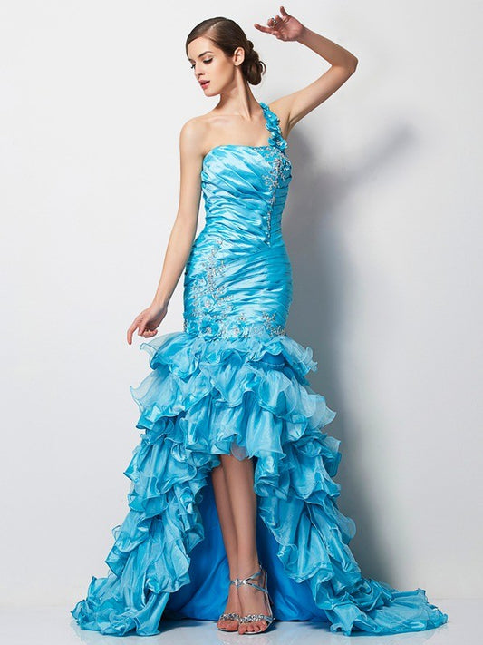 Small slim fit mermaid sexy one shoulder sleeveless beaded high and low taffeta dress