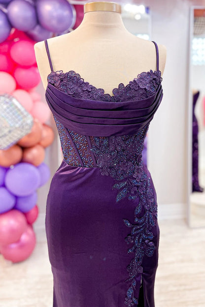 Spaghetti Strap Appliques Mermaid Long Dress with Slit