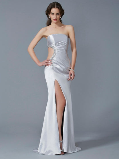 Elegant mermaid shaped sleeveless beaded elastic woven satin long dress