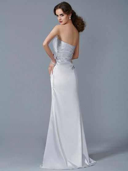 Elegant mermaid shaped sleeveless beaded elastic woven satin long dress