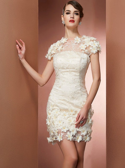 Column high neck short sleeved satin back to school ball short party dress