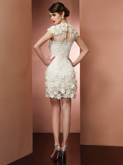 Column high neck short sleeved satin back to school ball short party dress