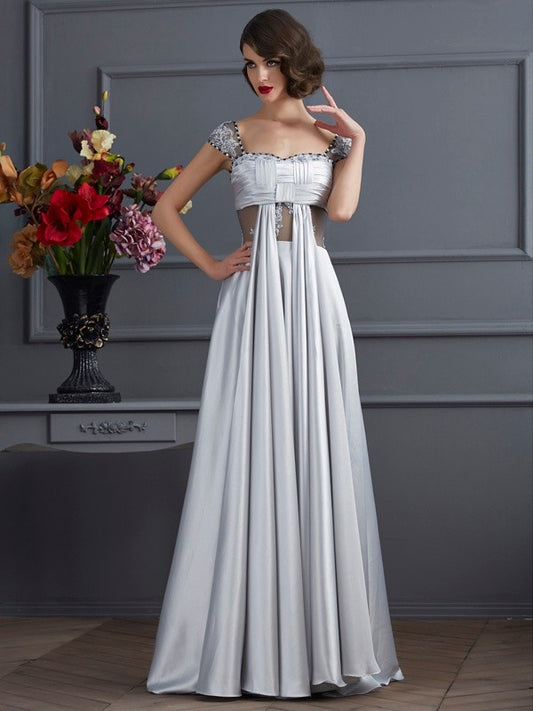 A-line Sweet Princess Off the Shoulder Sleeveless Pleated Long Elastic Woven Satin Dress