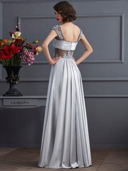 A-line Sweet Princess Off the Shoulder Sleeveless Pleated Long Elastic Woven Satin Dress