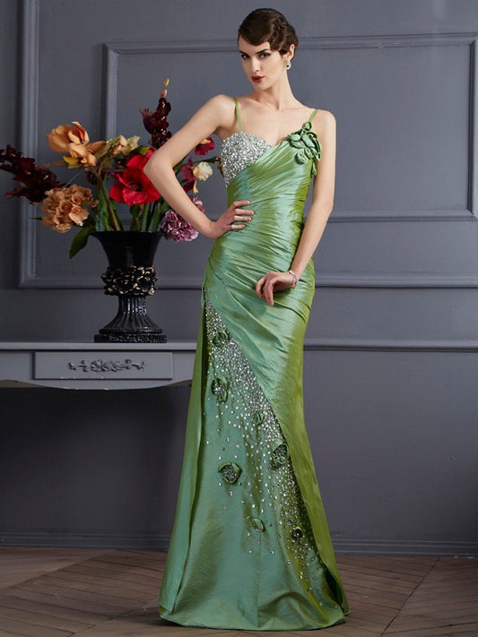 Slim fit mermaid spaghetti strap sleeveless beaded long taffeta dress
