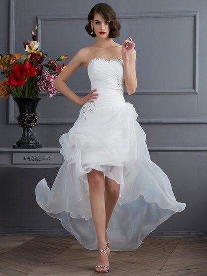 A-line Beautiful Princess Style Sweetheart Sleeveless Beaded High and Low Eugen Wedding Dress