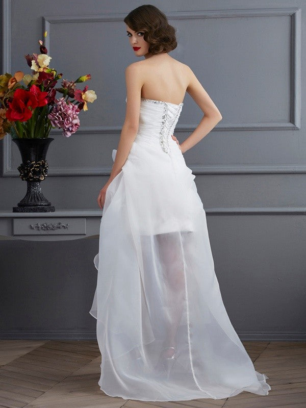 A-line Beautiful Princess Style Sweetheart Sleeveless Beaded High and Low Eugen Wedding Dress