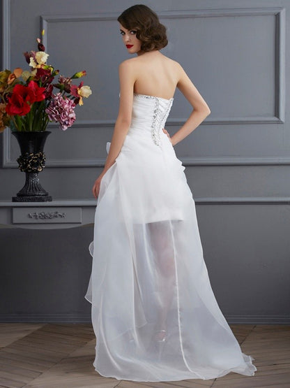 A-line Beautiful Princess Style Sweetheart Sleeveless Beaded High and Low Eugen Wedding Dress