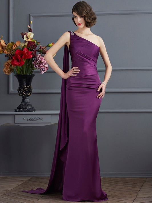 Sexy One Shoulder Sleeveless Long sleeved Silk Imitation Satin Dress