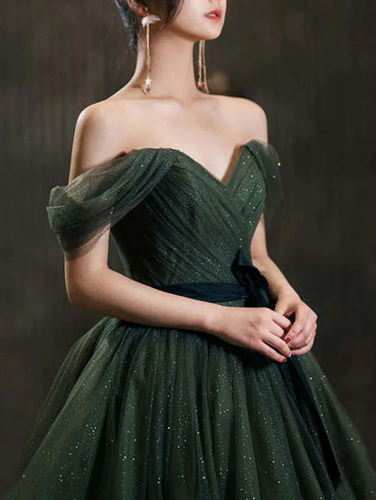 Simple green A line tulle off shoulder long evening dress green evening dress
