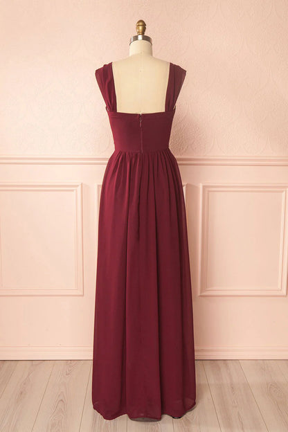 Burgundy chiffon lace applique long prom dress burgundy prom dress