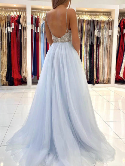 Light blue tulle long prom dress blue tulle formal prom dress