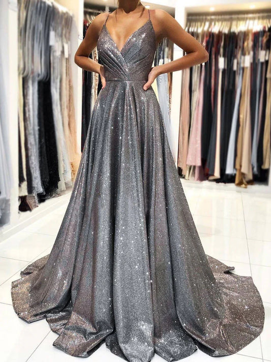 Simple gray v neck satin long prom dress gray prom dress