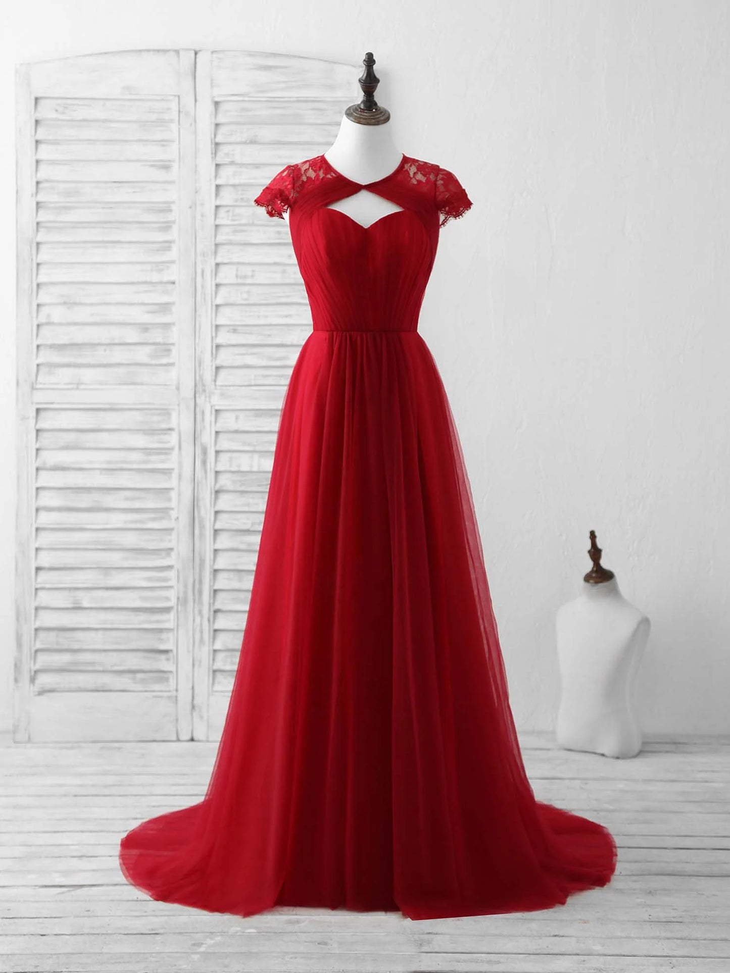 Tulle Lace Long Prom Dress Burgundy Evening Dress