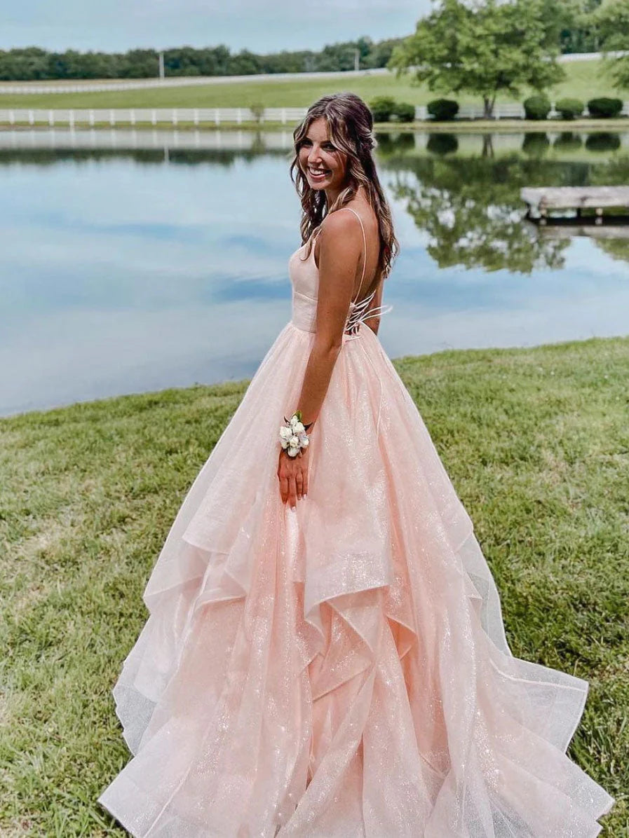 Pink v neck tulle long prom dress pink tulle formal prom dress