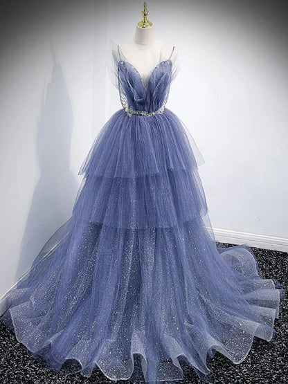 Blue v neck tulle sequin long prom dress  blue prom dress