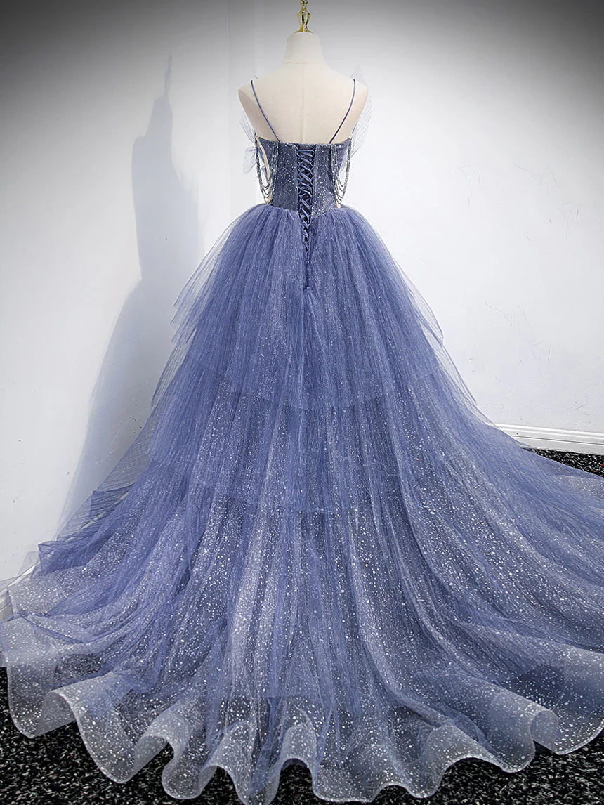 Blue v neck tulle sequin long prom dress  blue prom dress