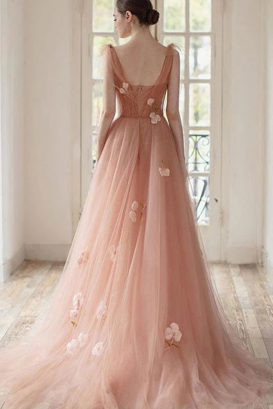 Pink tulle long prom dress pink tulle  prom dress