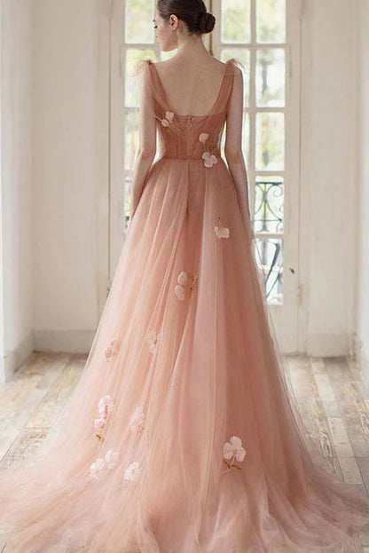 Pink tulle long prom dress pink tulle  prom dress