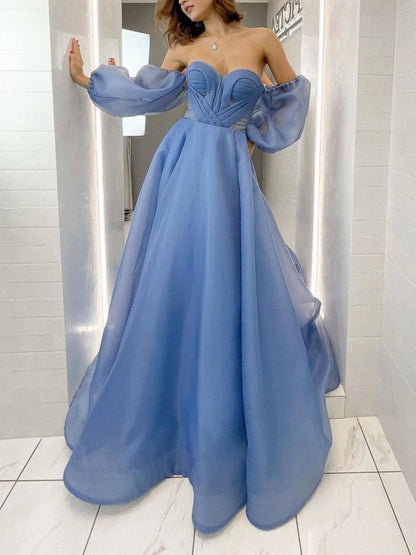 Blue sweetheart neck Organza long prom dress blue prom dress