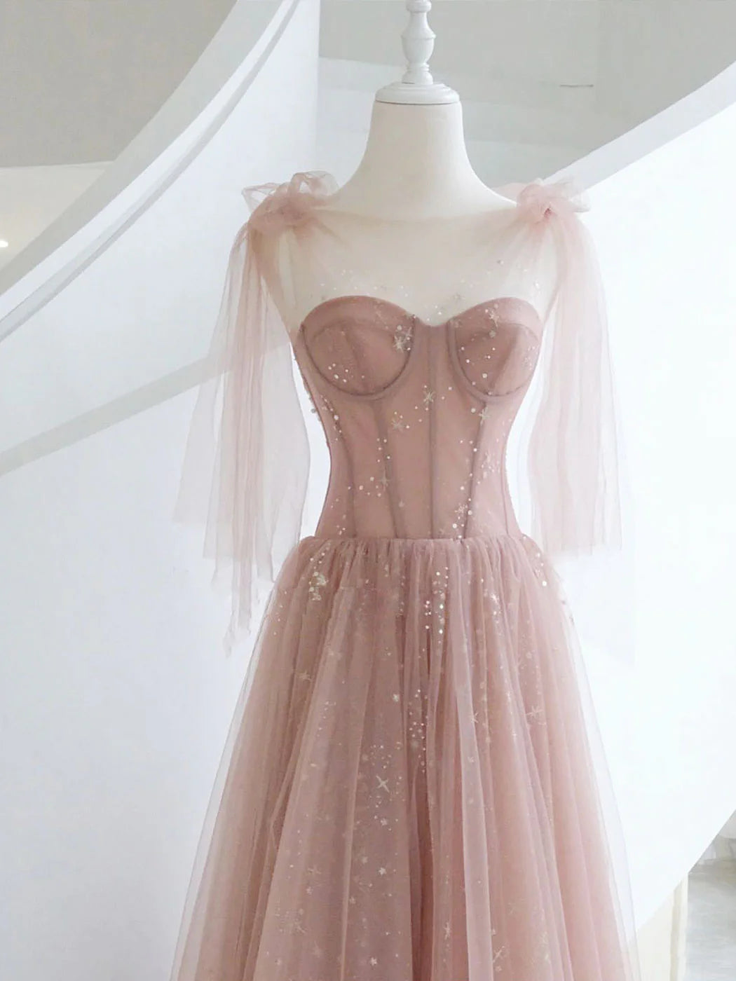 Pink A-Line Tulle Long Prom Dress Pink Formal Evening Dress