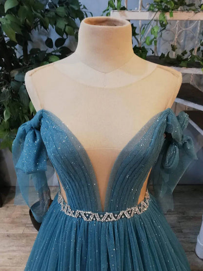 Green round neck tulle sequin long prom dress green prom dress