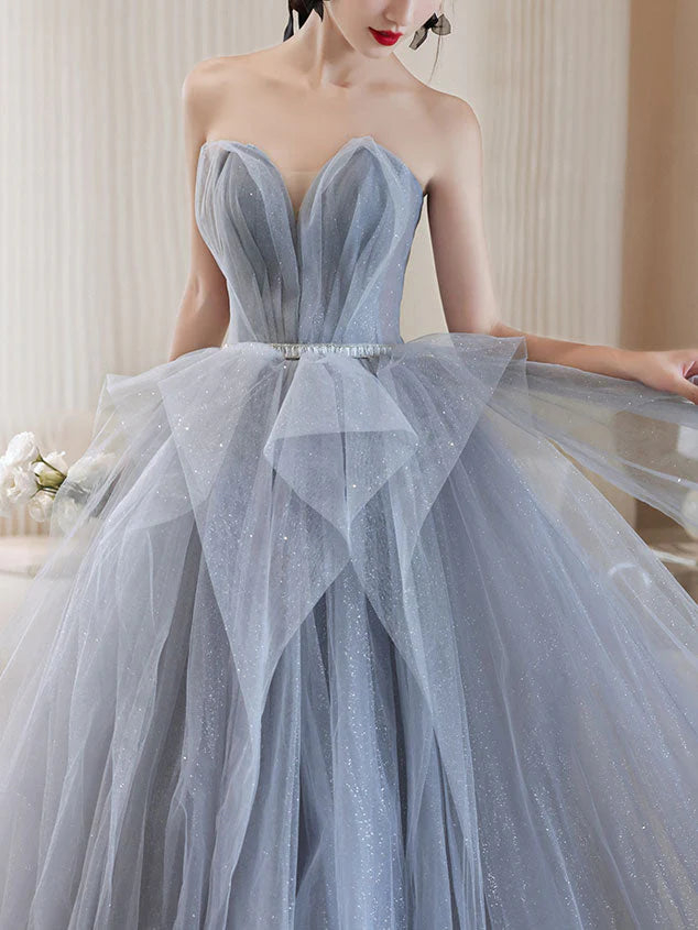 Gray tulle off shoulder long prom dress gray tulle prom dress