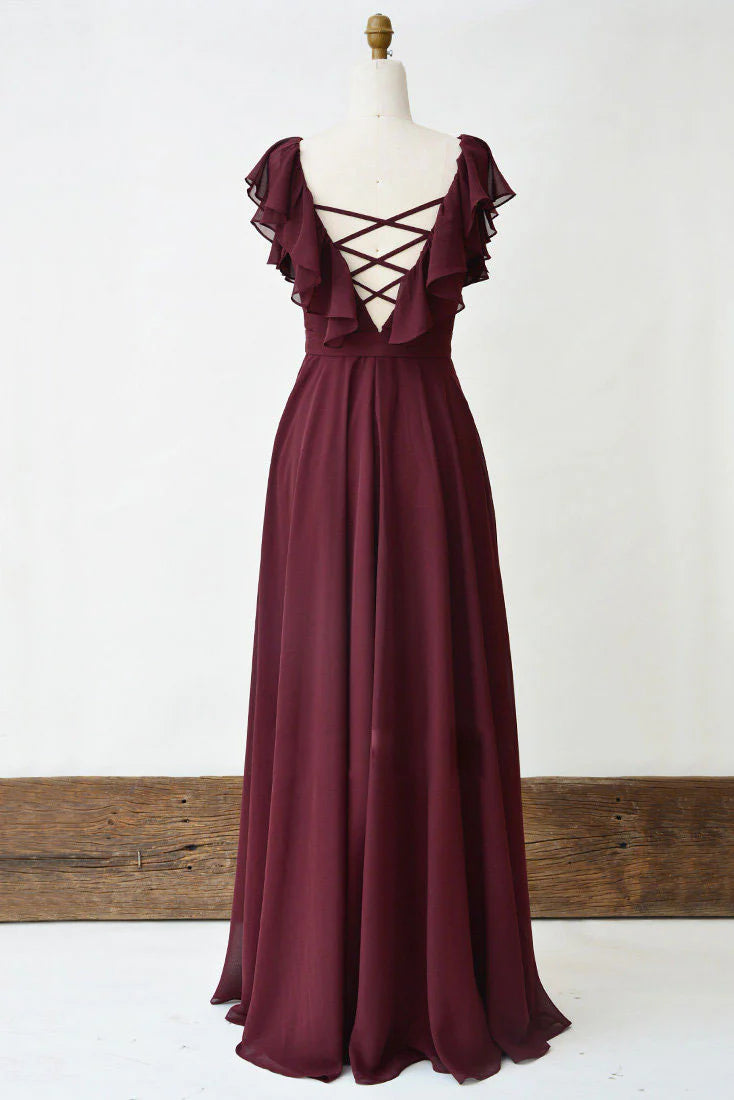 Simple burgundy chiffon long prom dress burgundy prom dress