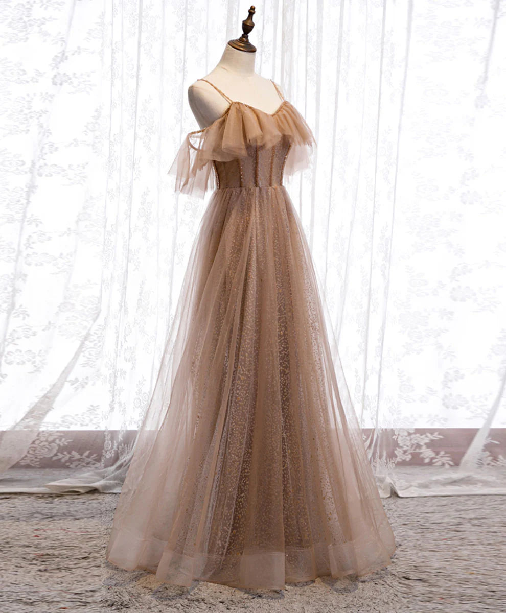 Champagne tulle sequin long prom dress tulle formal prom dress