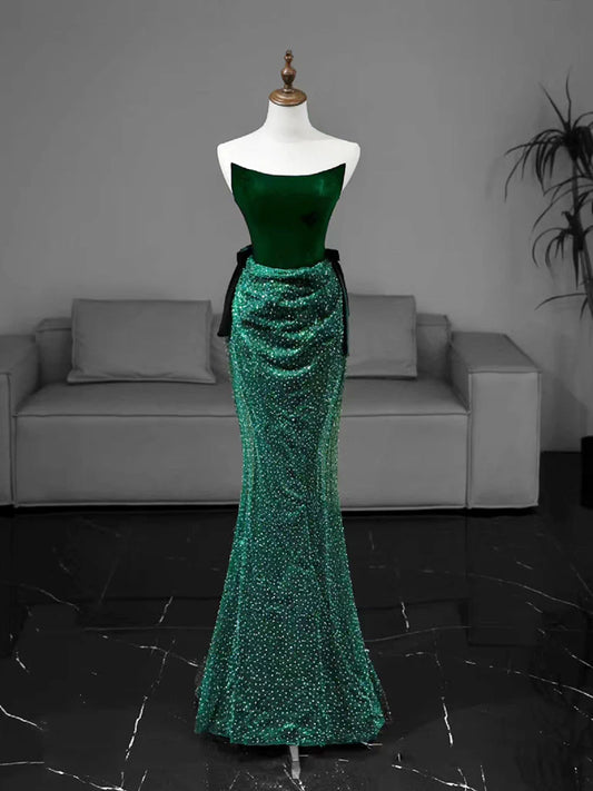 Mermaid Tulle Velvet Green Long Evening Dress Green Long Formal Dress