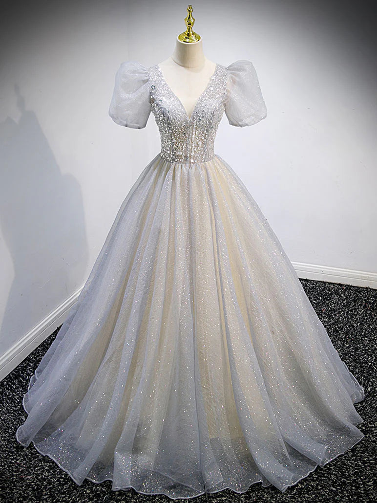 Gray v neck tulle sequin long prom dress gray tulle formal prom dress