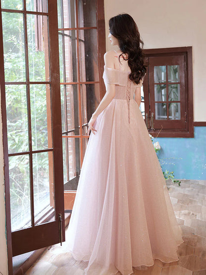 A Line Pink Long Prom Dresses Off Shoulder Pink Formal Evening Dresses