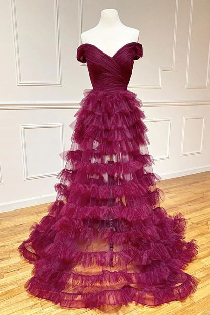 Burgundy sweetheart off shoulder tulle long prom dress tulle formal prom dress