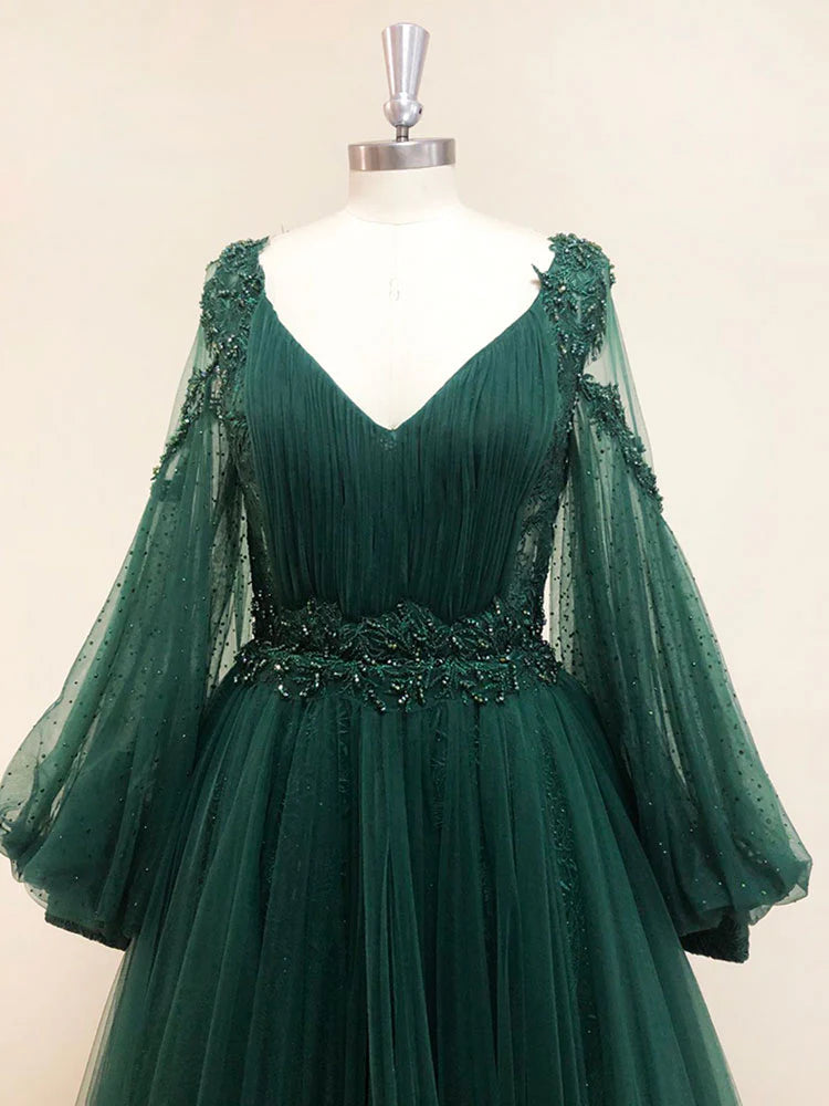Green v neck lace A line long prom dress green tulle prom dress
