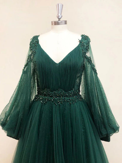Green v neck lace A line long prom dress green tulle prom dress