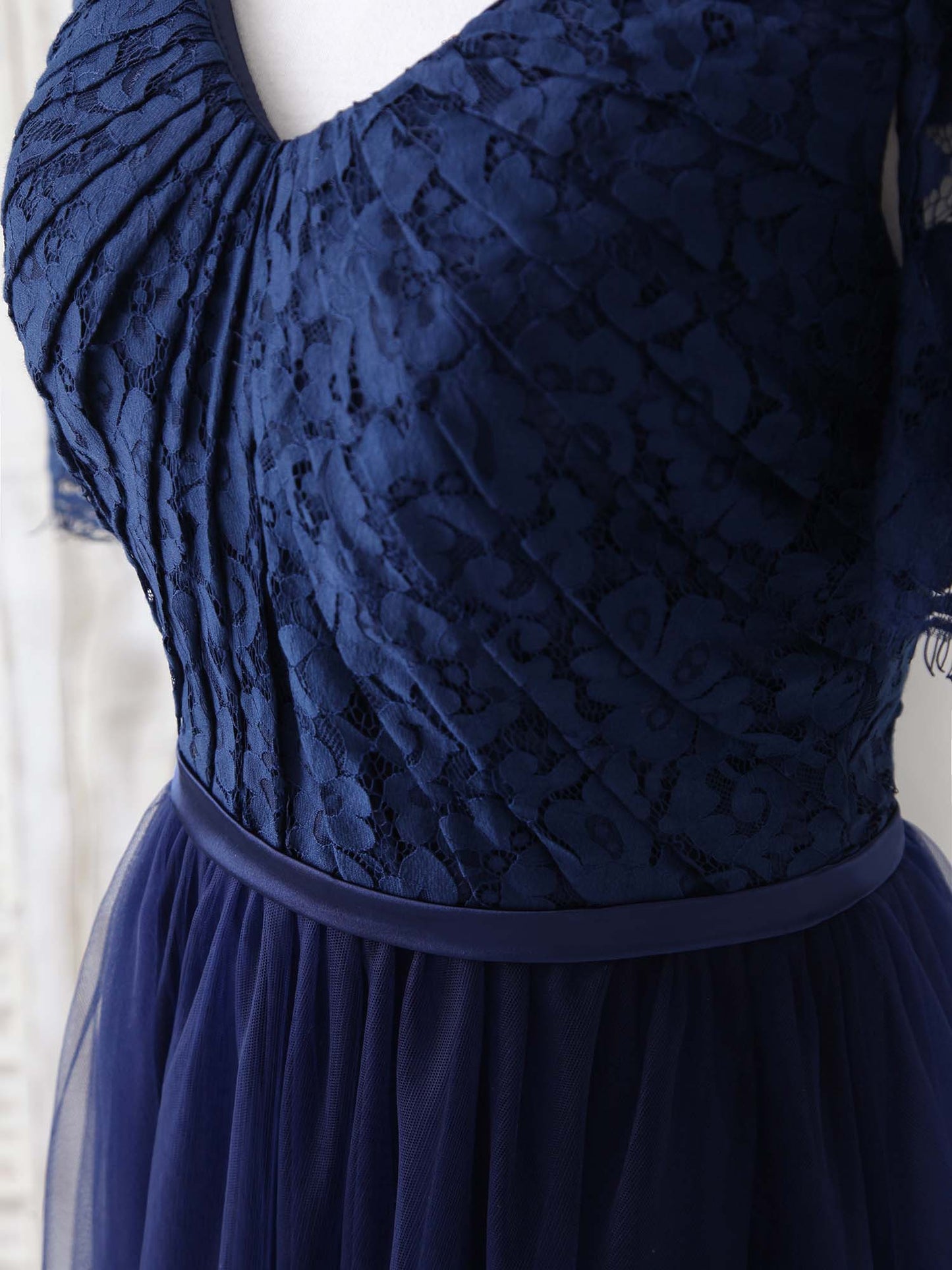 Dark Blue A-Line Lace Tulle Long Bridesmaid Dresses