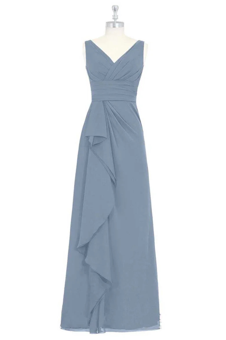 V-Neck Backless Ruffled Long Bridesmaid Dress