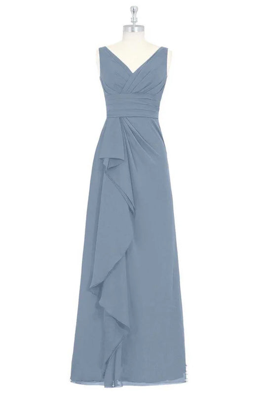 V-Neck Backless Ruffled Long Bridesmaid Dress