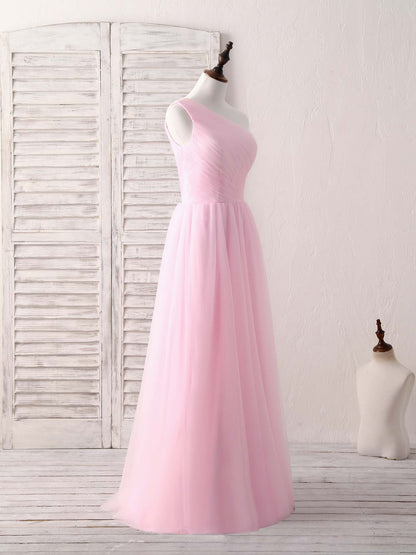 Tulle One Shoulder Long Prom Dress Pink Bridesmaid Dress