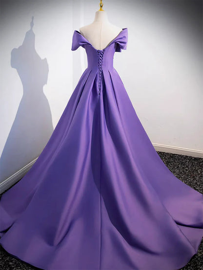 Off Shoulder Satin Purple Long Prom Dress Purple Long Prom Dress