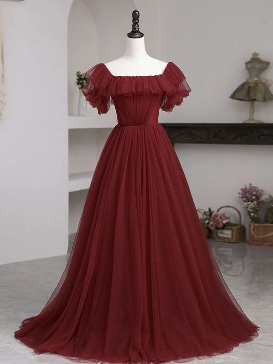 A line burgundy tulle long prom dress  burgundy tulle prom dress