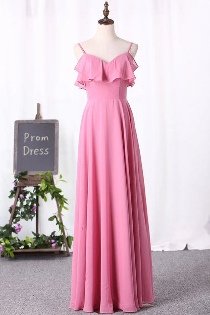 Spaghetti Straps Ruffled Long Bridesmaid Dress