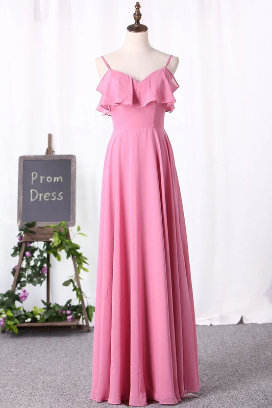 Spaghetti Straps Ruffled Long Bridesmaid Dress