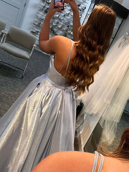 Silver v neck satin long prom dress silver long prom dress