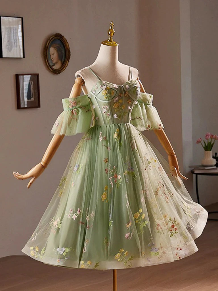A-Line Off Shoulder Sweetheart Neck Tulle Lace Green Homecoming Dresses
