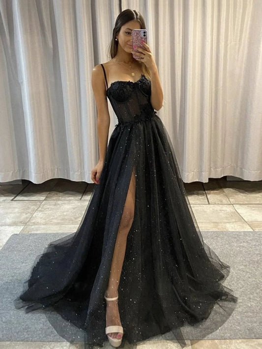 Black sweetheart neck tulle lace long prom dress black prom dress
