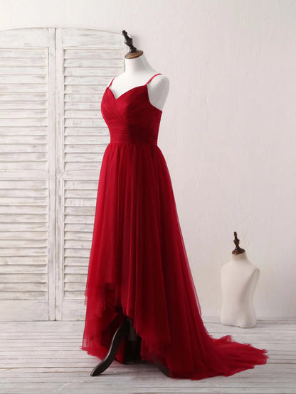 Sweetheart Neck Tulle High Low Prom Dress Burgundy Formal Dress