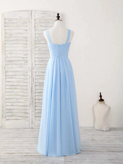 V Neck Chiffon Blue Long Prom Dress Blue Bridesmaid Dress