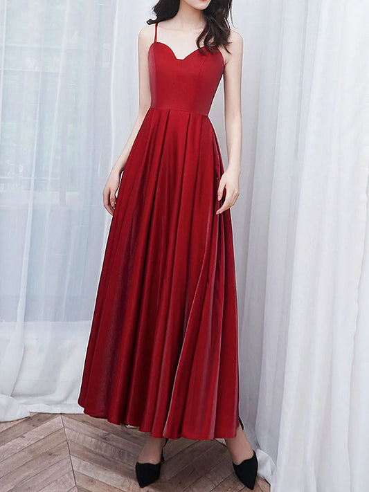 A-Line Satin Burgundy Prom Dress Burgundy Tea Length Evening Dress